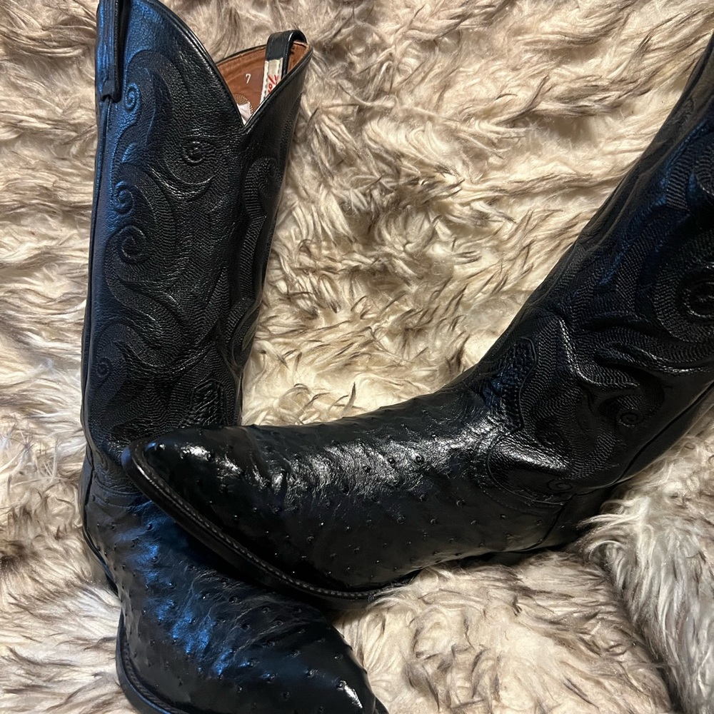 Tony Lama Black Ostrich Embossed Leather Cowboy Boots